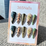 Sculpted Flora: "Tribal Jungle Safari" – 3D Flower & Animal Print with Antique Gold Chrome Stiletto Nails