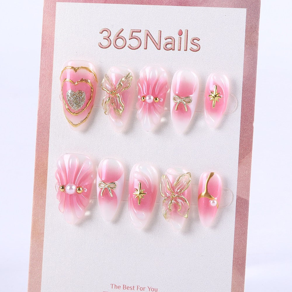 Pink Pearl Press-On Nails with Heart and Bow 3D Decorations
