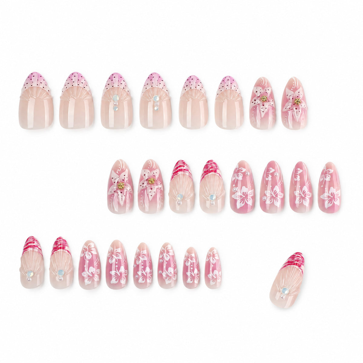 Set of 24 pink floral press-on nails arranged in rows