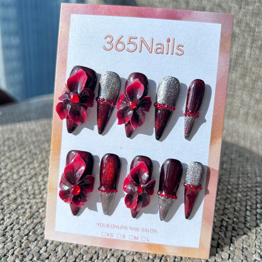 Sculpted Flora: "Crimson Nightshade" – 3D Dark Red Flowers & Silver Glitter Ombre Stiletto Nails