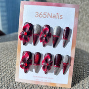 Sculpted Flora: "Crimson Nightshade" – 3D Dark Red Flowers & Silver Glitter Ombre Stiletto Nails
