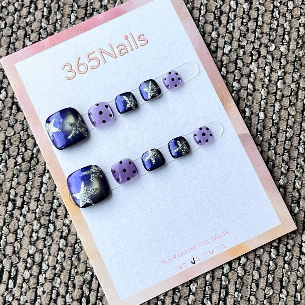 Purple Silver Star Polka Dot Press-On Toenails