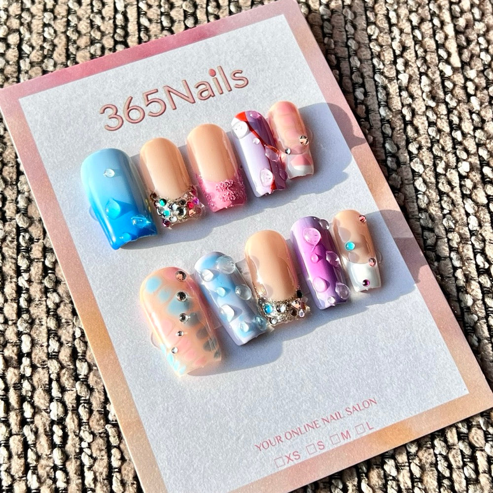 365nails: Y2K 물방울 & 보석 – 수제 미디엄 스퀘어형 프레스온 네일