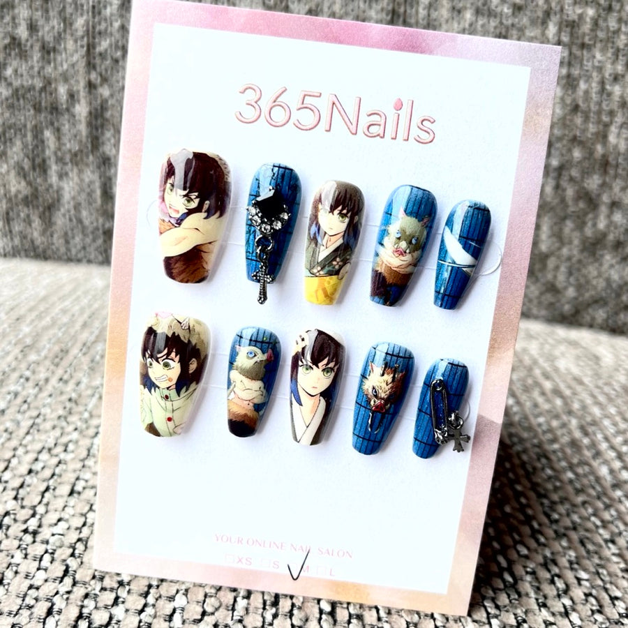 365nails: "귀멸의 칼날 이노스케 하시비라" – 수제 미디엄 사다리꼴형 프레스온 네일