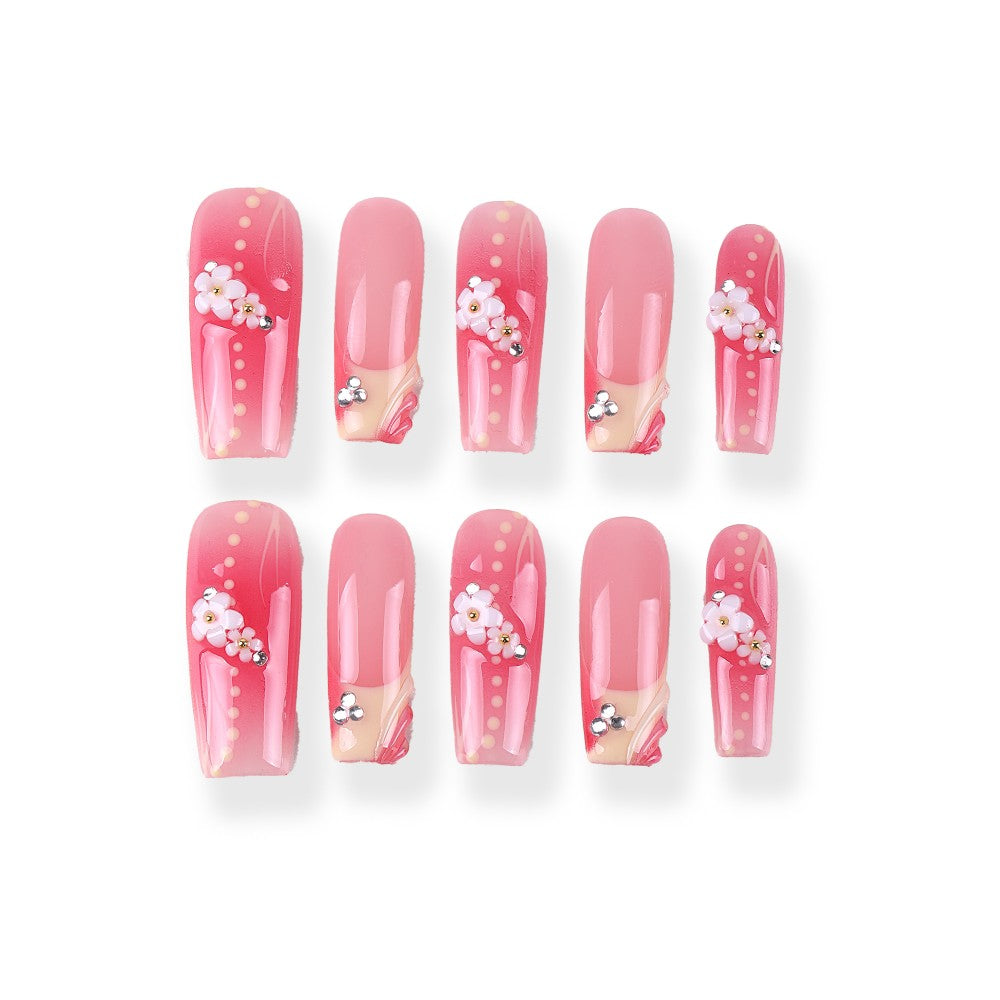 Cherry pink shimmer 3D small flower long coffin press on nail