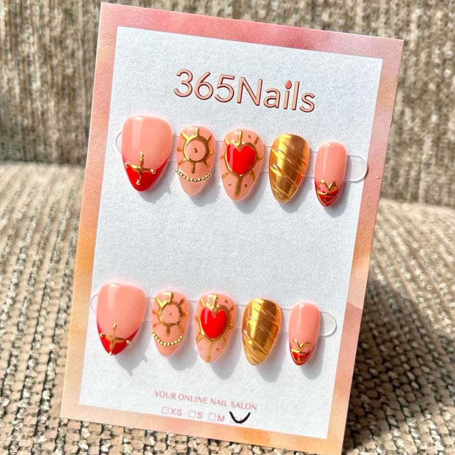 365nails "애니메 하트 아머" 수제 미디엄 스틸레토형 프레스온 네일