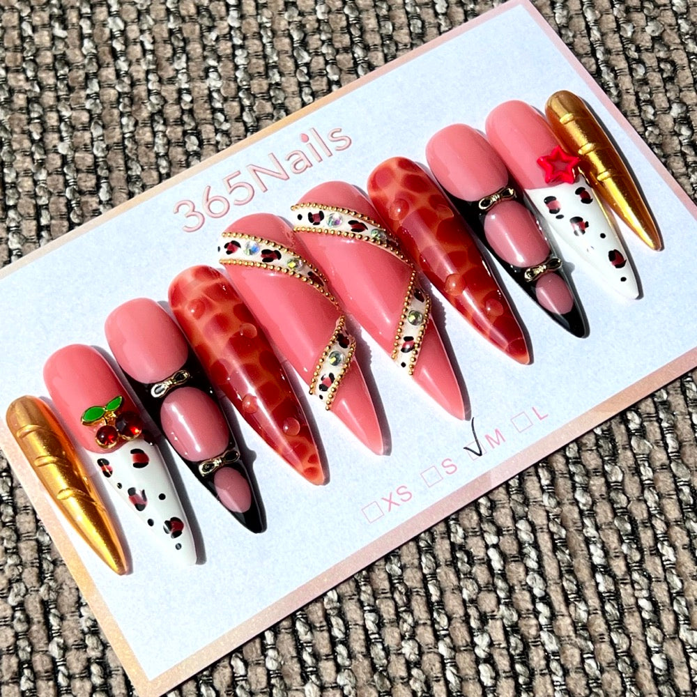 365nails: 「草莓金」 – 手工製 3D 蝴蝶結與金屬感 長款 尖形 穿戴甲