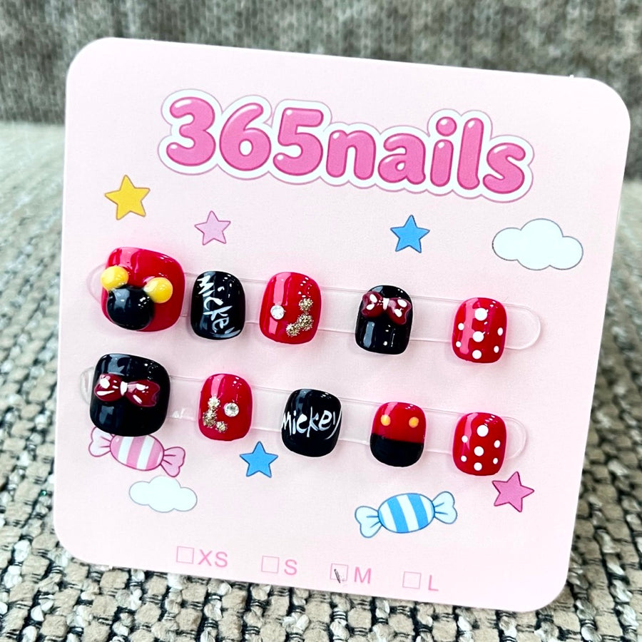 365nails: "Cartoon Magic" – 3D 미키마우스 & 리본 수제 숏 스퀘어형 네일