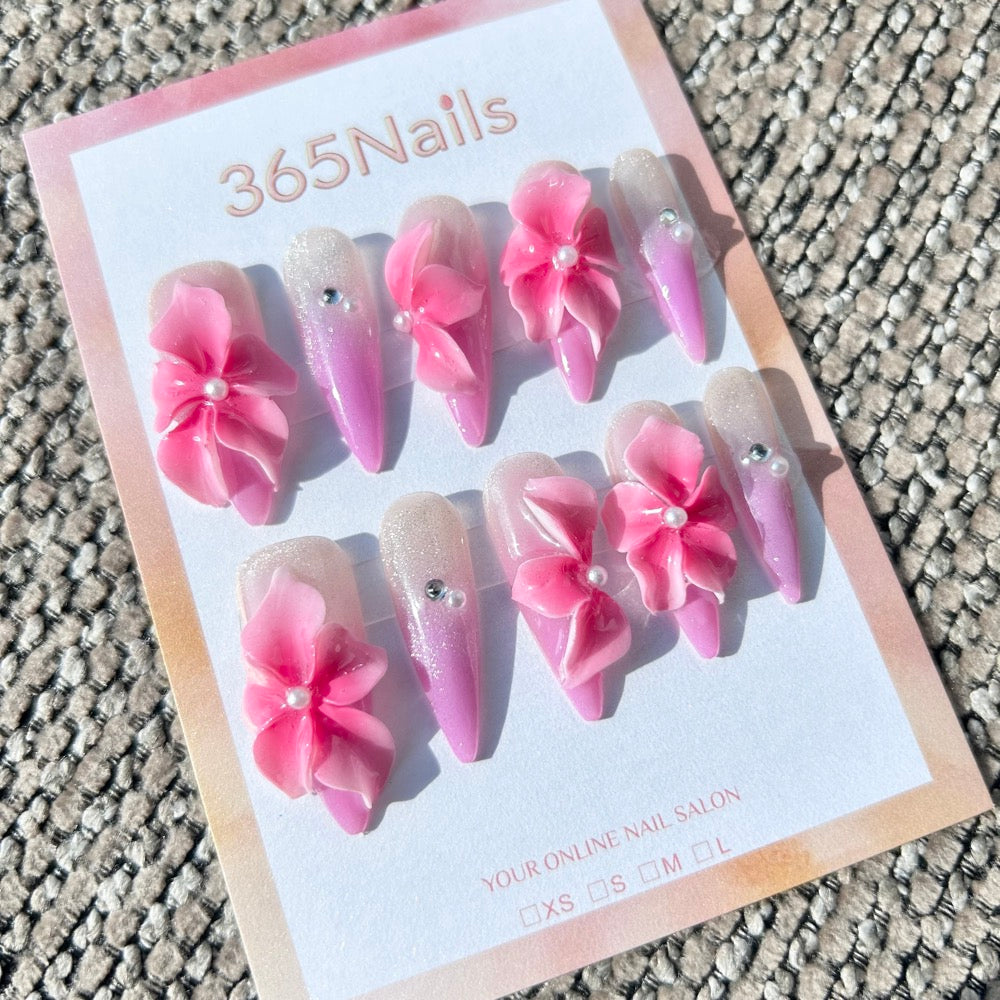 Sculpted Flora: "Shimmering Petal Blush" – 3D Pink Flowers on Pearlescent Ombre Stiletto Nails