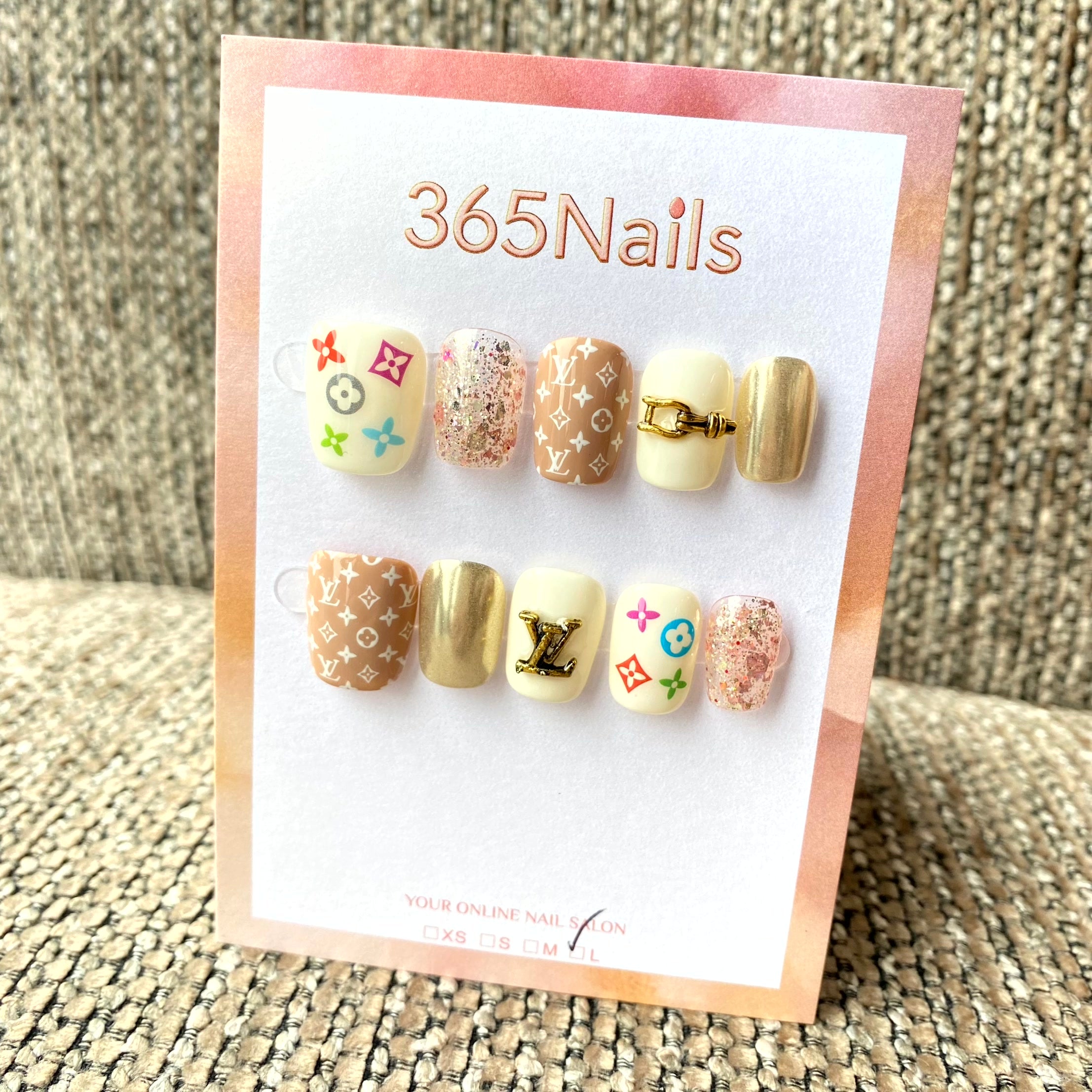 Luxury Logo 365nails: "Rainbow Monogram" – Colorful Pattern & Gold Chrome Handmade Squoval Nails
