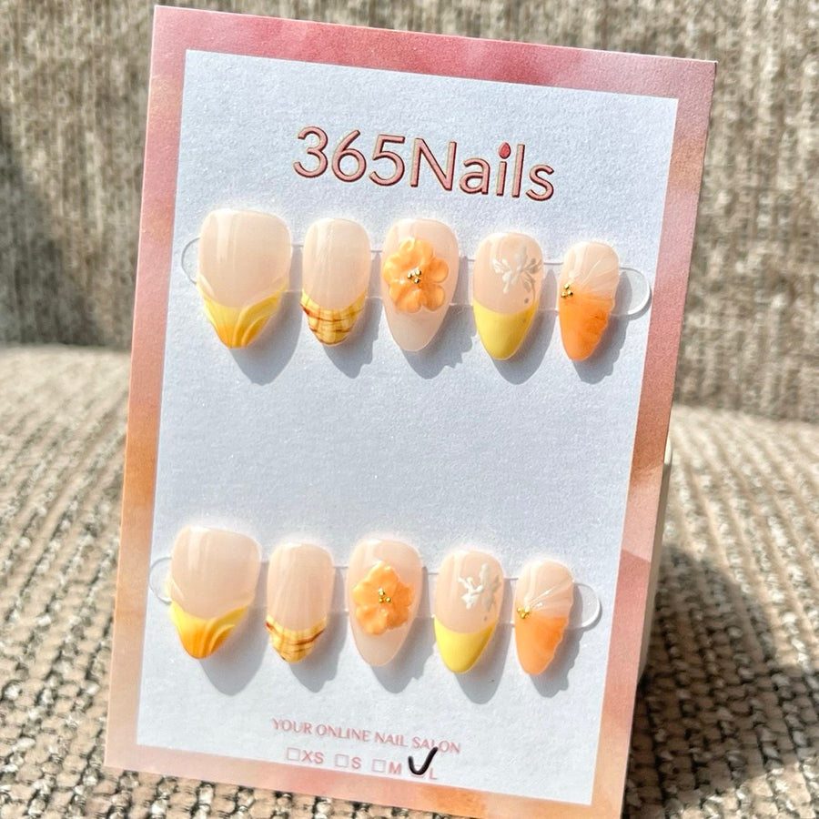365nails: "Nude Yellow Orange Flower 3D Mix" – Handmade Short Almond Press-On Nails