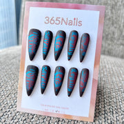 Femme Fatale: "Savage Loyalty" – Matte Black & Red Aura with Electric Blue Gothic Lettering Long Stiletto Nails