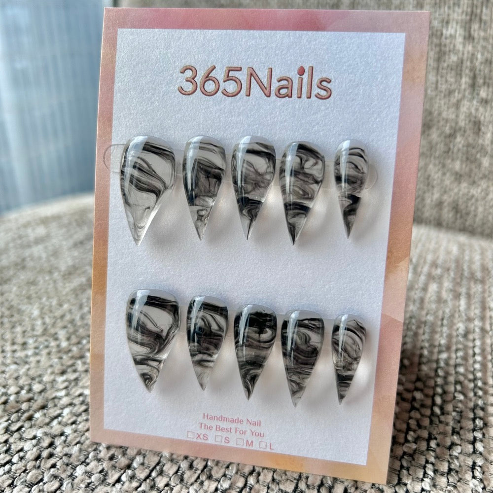 Obsidian Mist Dragon Claw Stiletto Press On Nails｜Clear Base with Black Marble Swirl｜365Nails Premium Handmade Dragon Series