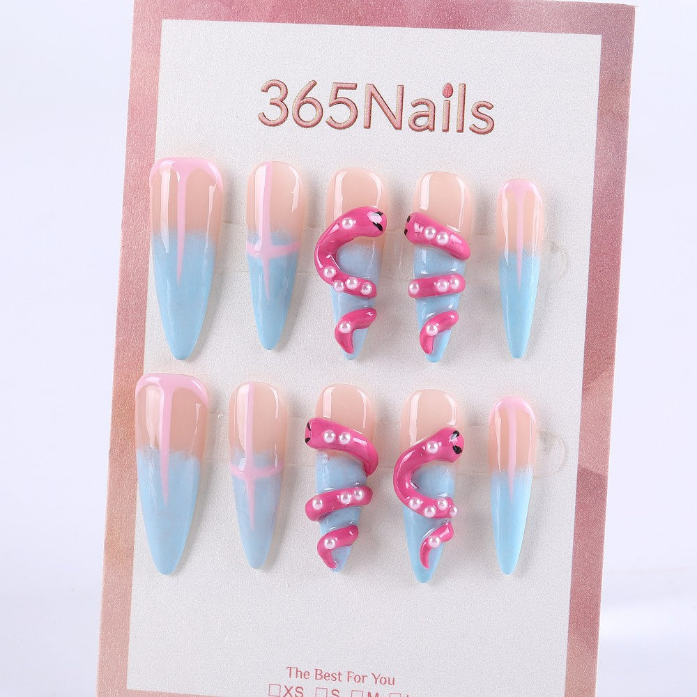 Pink Tentacle and Blue Gradient Press-On Nails with 3D Pearl Design ( MOQ=5pcs )