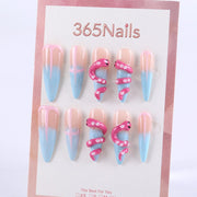 Ongles press-on rose à motif tentacule et dégradé bleu, décor perles 3D ( MOQ=5pcs )