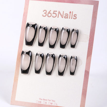 365Nails Smoky Nude with Glossy Black Outline French, Mirror Dew-Drop Minimal Press-On Nails