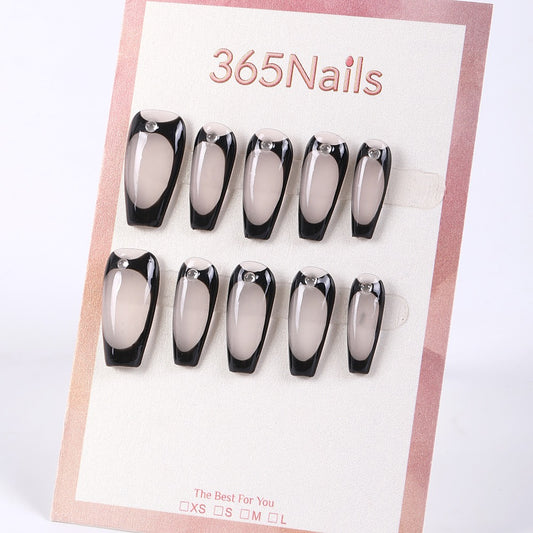 365Nails Smoky Nude with Glossy Black Outline French, Mirror Dew-Drop Minimal Press-On Nails