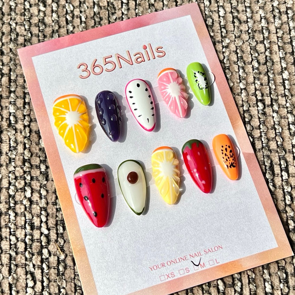365nails: "Tropical Fruit Mix 3D" – Handmade Medium Stiletto Press-On Nails