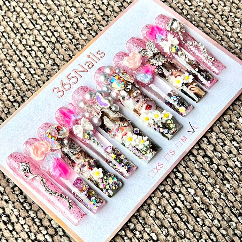365nails: "Pink Fairy Masquerade" – Handmade Floral Liquid Motion Press-On Long Pipe Nails-5.5cm