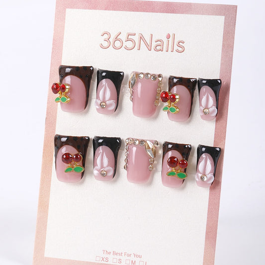 365nails black French with cherry, leopard, and mini pearls press-ons