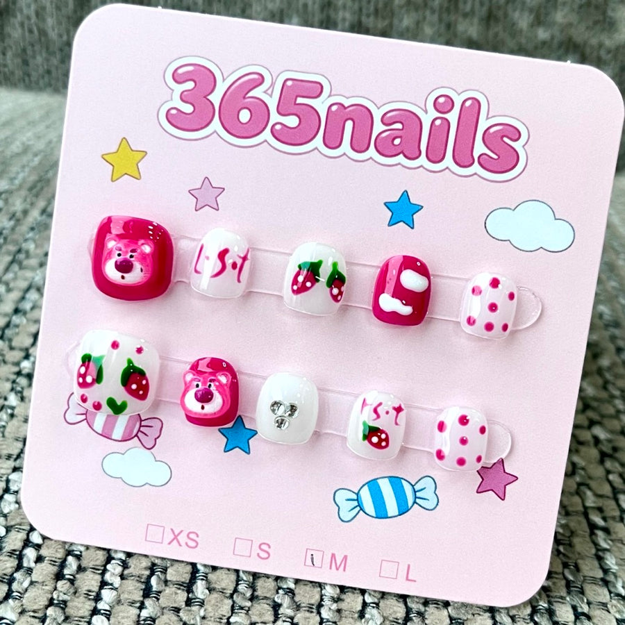 365nails: "Sweet Berry Bear" – 3D Character & Strawberry Handmade Short Square Nails