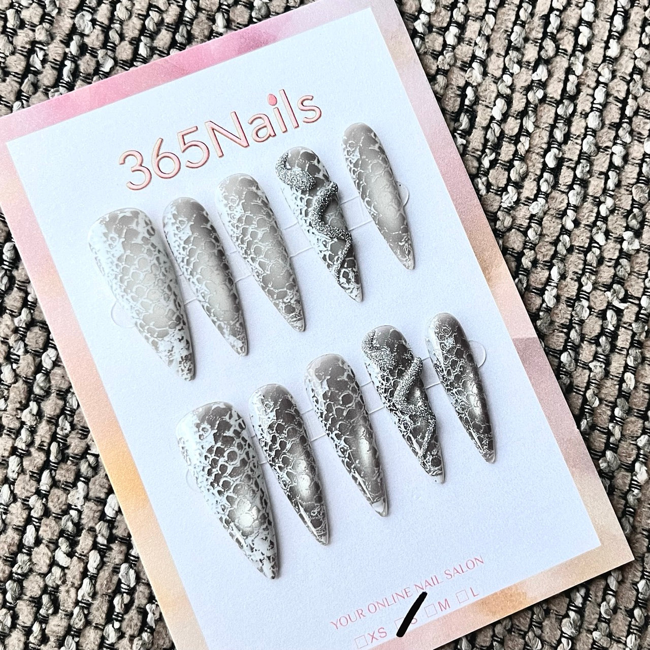 Grey White Lace Snake 3D Charm Stiletto Press-On Nails