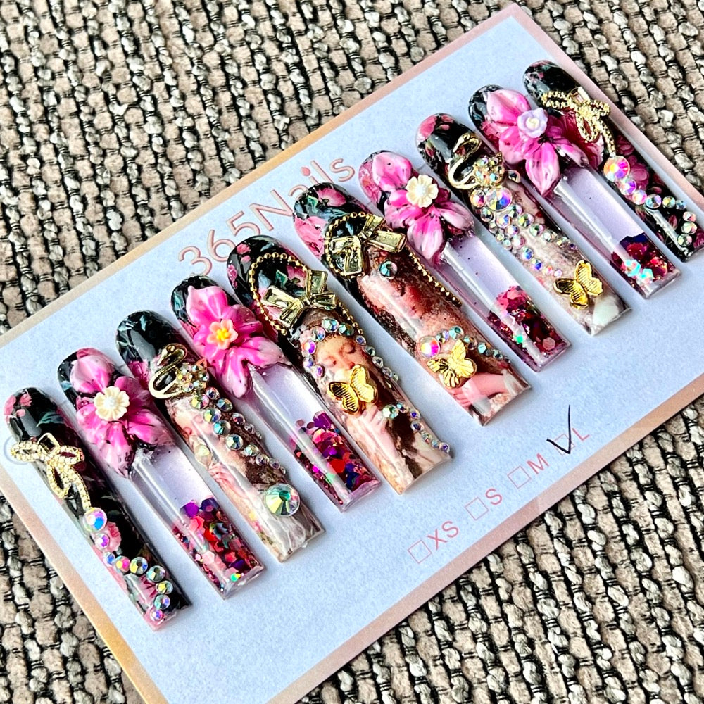 365nails: "Baroque Floral Goddess" – Handmade Liquid Motion Press-On Long Pipe Nails-5.5cm