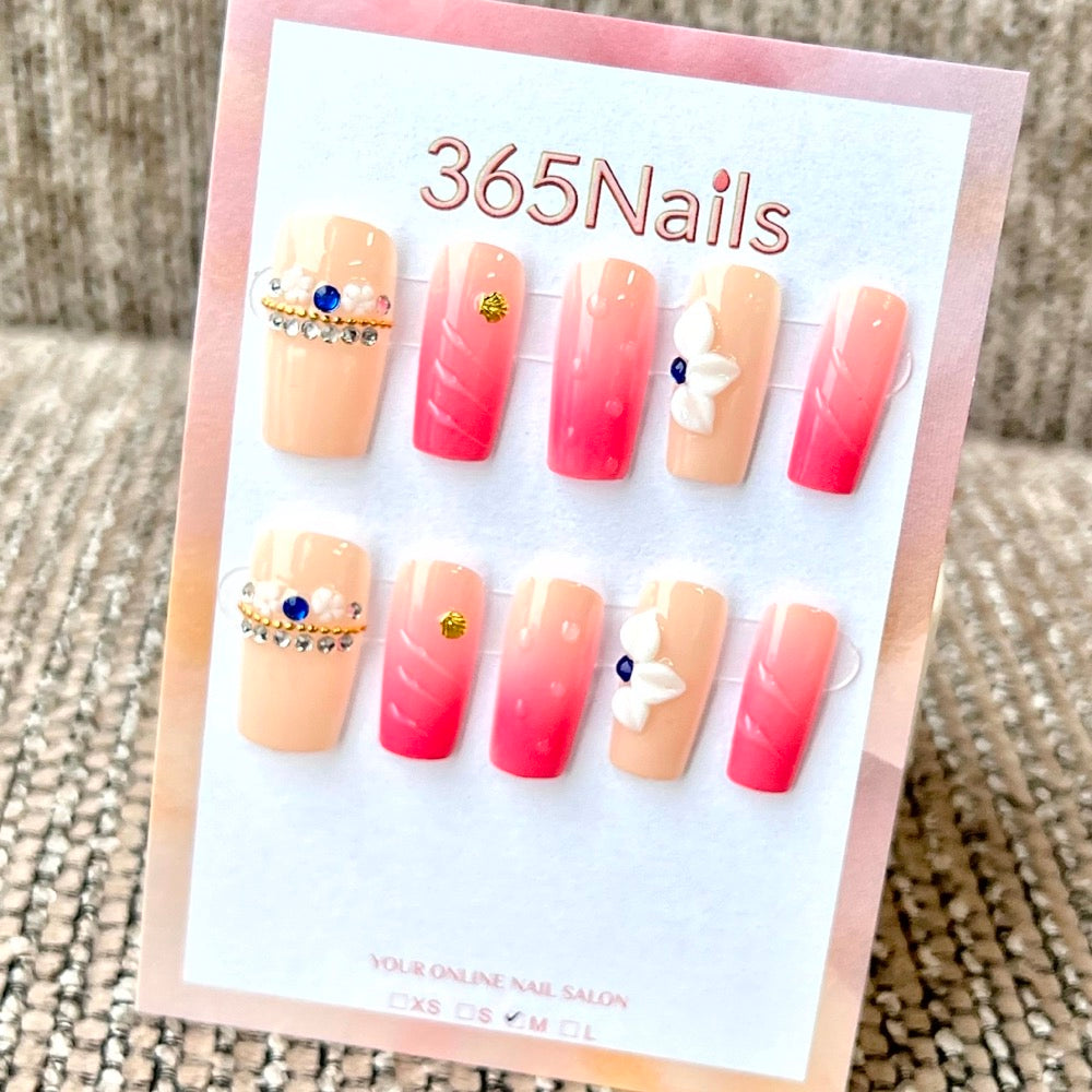 "Peach Pink Crystal Floral" - Wholesale Ultra-Soft Flexible Fit Handmade Nails (MOQ=100)