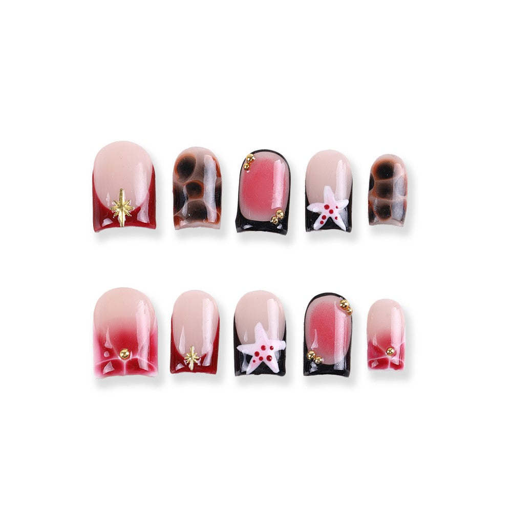 Short Red and Nude Press-On Nails with 3D White Flowers and Gold Accents