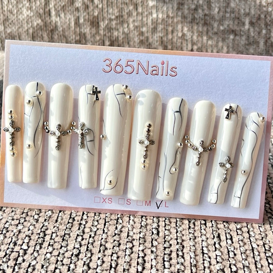 365nails: "Milk White Cross Crack Long" – Handmade Long Trapezoid Press-On Nails