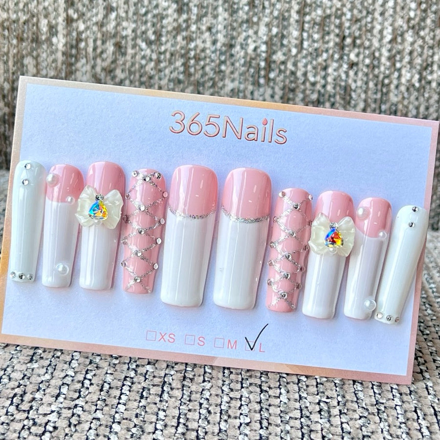 365nails: "Sweetheart's Waltz" – 3D Bow & Pearl Lattice Handmade Square Nails