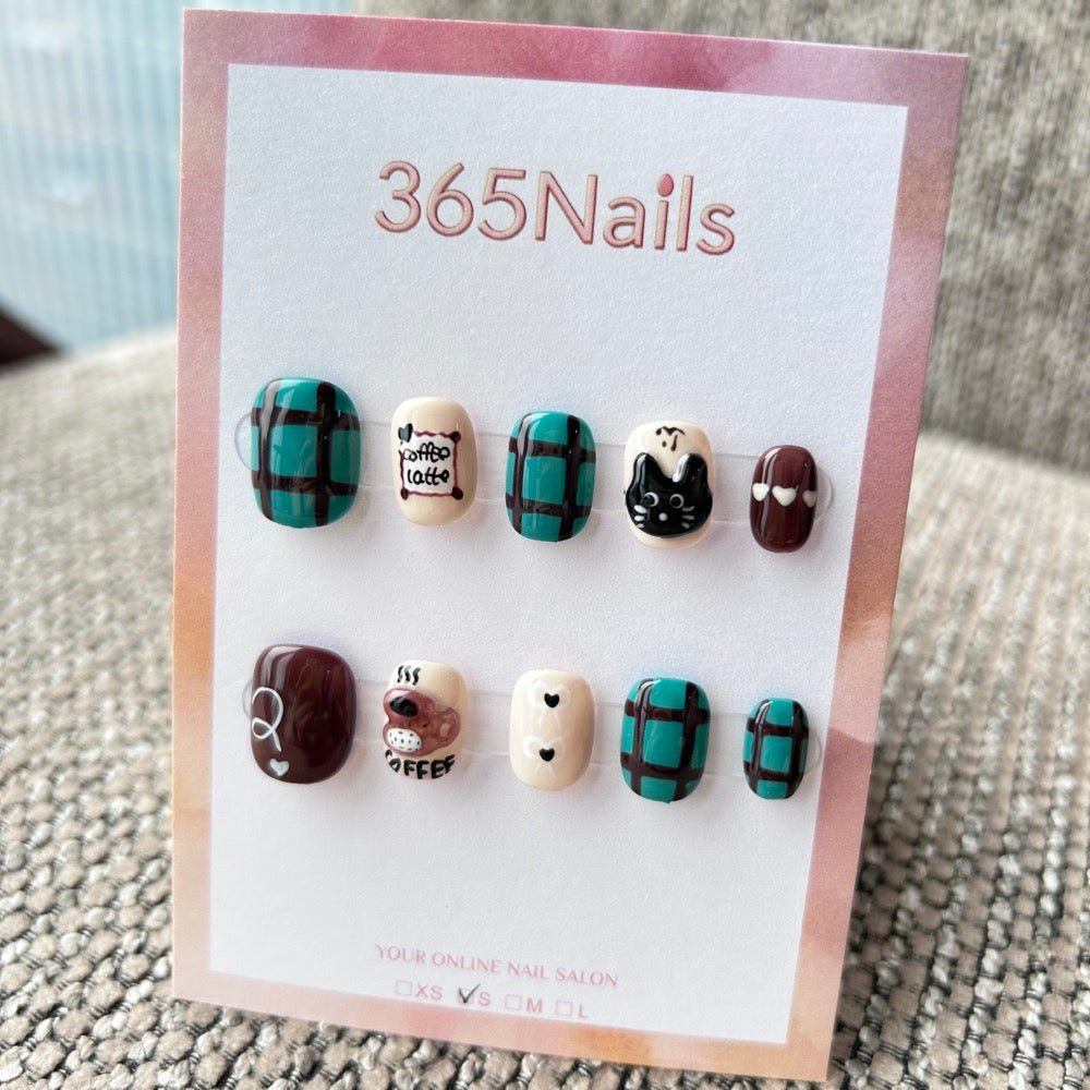 Cartoon & Dopamine: "Black Cat Latte" – 3D Black Cat, Coffee Bear & Teal Plaid Short Nails