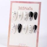 365Nails Milky Shimmer White x Obsidian Black with Silver Swirls and Chrome French Tips – Minimal Chic Medium Almond Press-On Nails