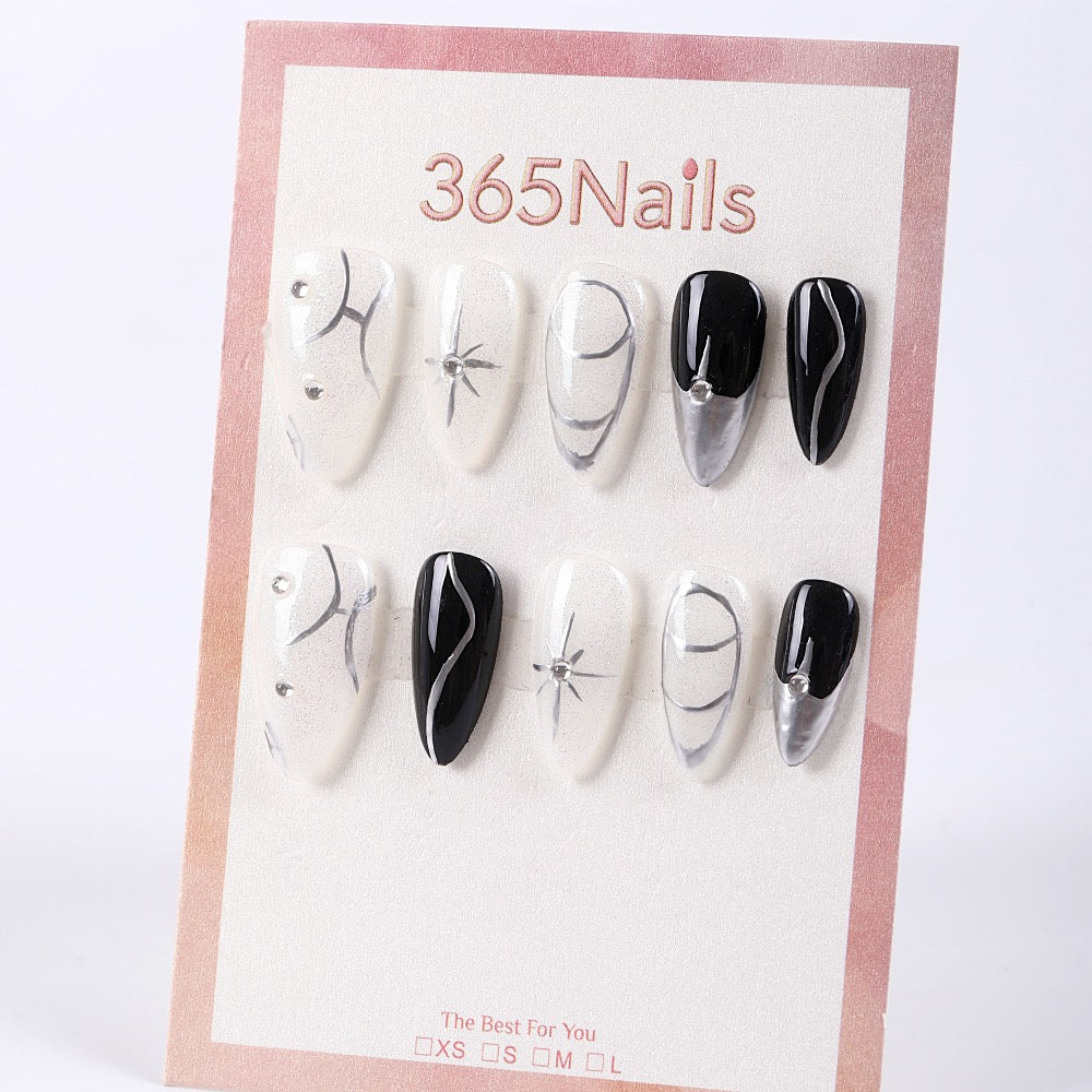 365Nails Milky Shimmer White x Obsidian Black with Silver Swirls and Chrome French Tips – Minimal Chic Medium Almond Press-On Nails