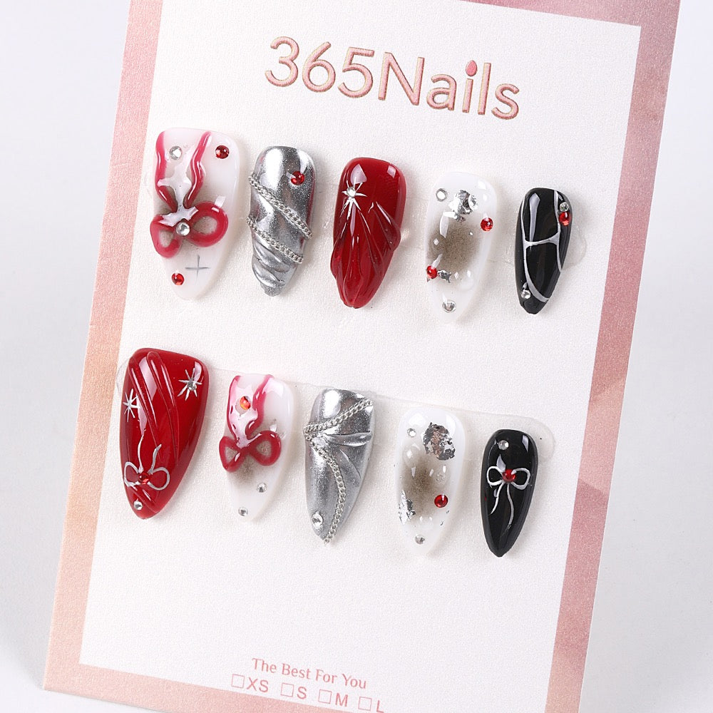 Uñas postizas largas 365nails, diseño de lazo escarlata 3D pintado a mano.