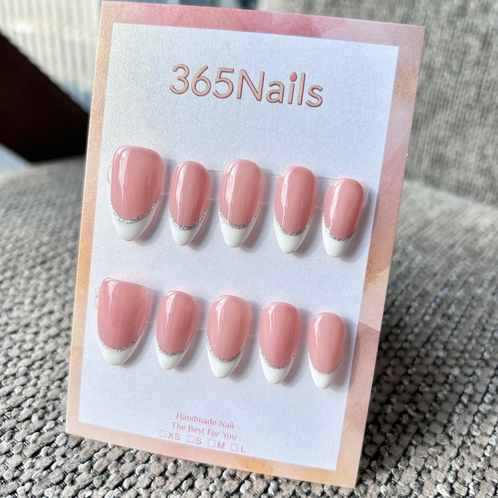 Handmade Silver Line Sheer Pink Base White French Tip Press-On Nails (Glitter/Custom/Almond)