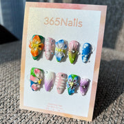 Unhas Postiças Artesanais 3D Florais Tropicais Y2K | Efeito Aura Estrelado e Textura Canelada | Stiletto Curto