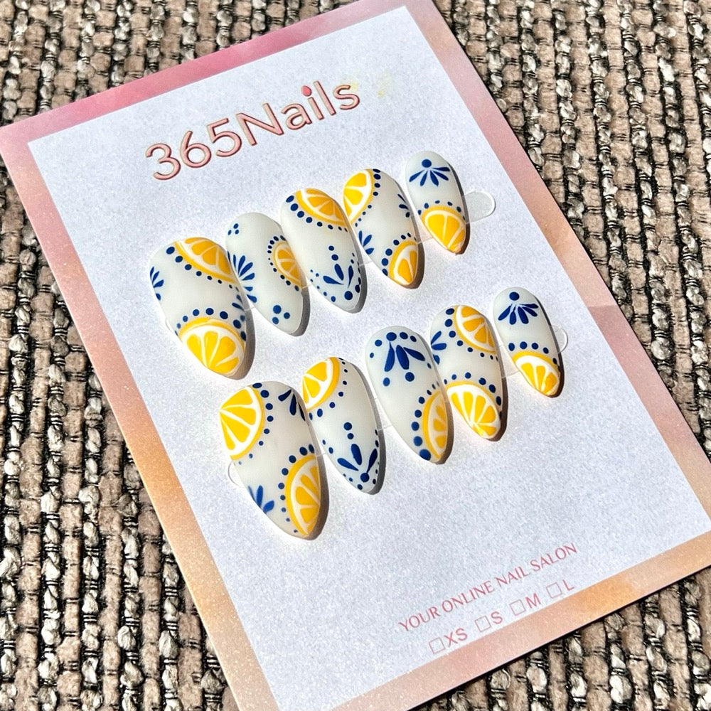 365nails: "Mediterranean Lemon" – 수제 미디엄 아몬드형 프레스온 네일