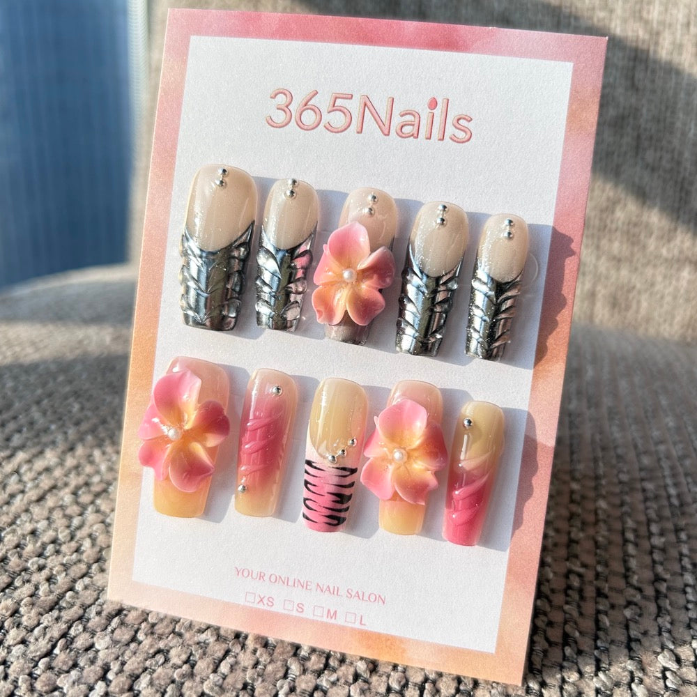 Sculpted Flora: "Cyber Petals & Sunset Zebra" – 3D Pink Flowers with Silver Chrome Armor & Gradient Animal Print