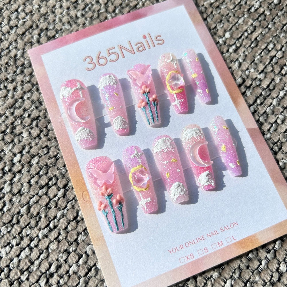 Sweet & Dopamine: "Pink Galaxy Garden" – Glittery Pink Gradient, 3D Butterfly, Moon & Star, Tulip & Cloud Press-on Nails