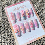 Sweet & Dopamine: "Pink Galaxy Garden" – Glittery Pink Gradient, 3D Butterfly, Moon & Star, Tulip & Cloud Press-on Nails