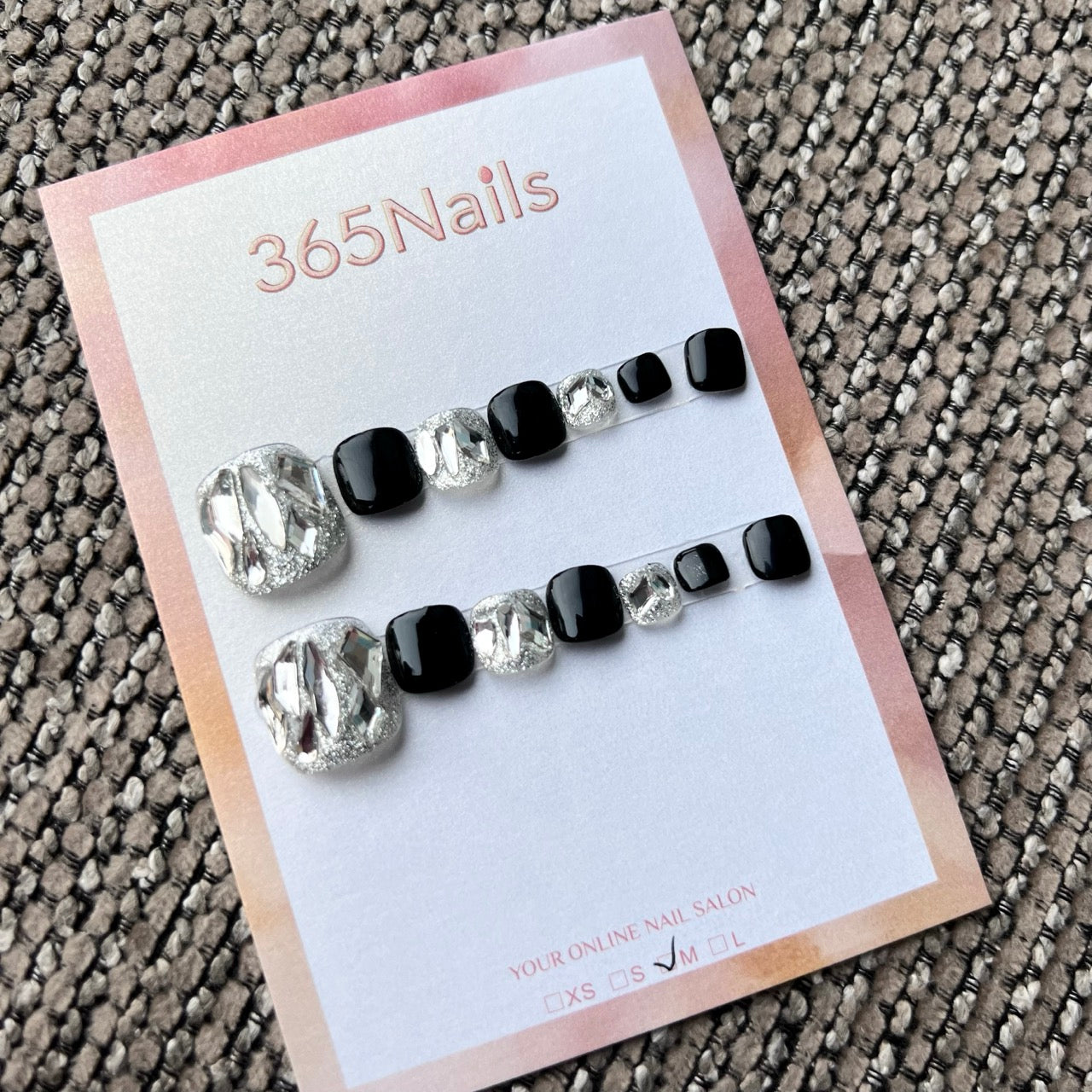 365nails: "black & silver diamond prelude" – handmade press-on pedicure