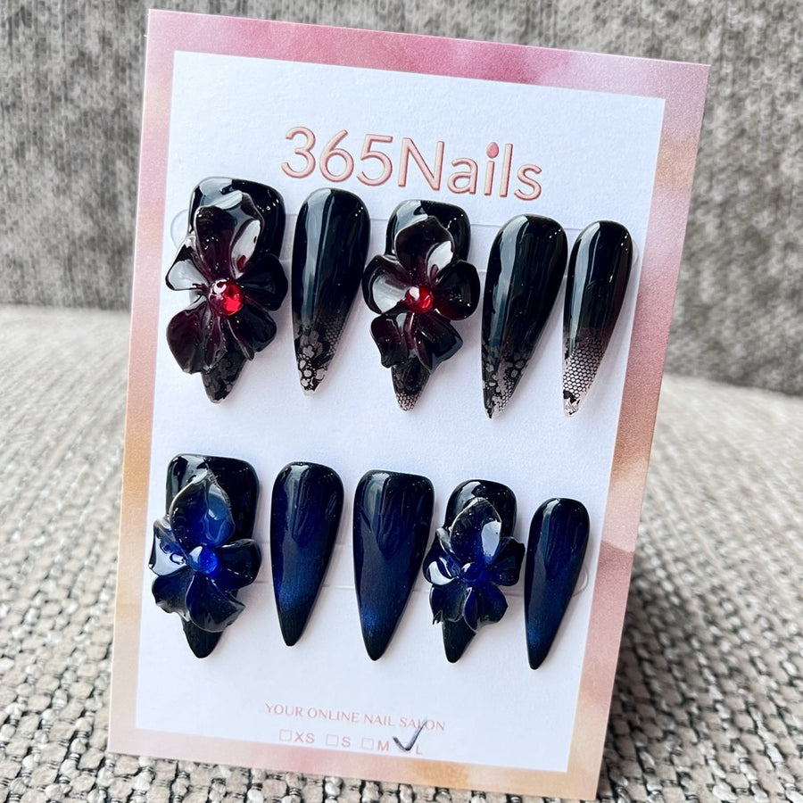 365nails: "Midnight Bloom" – 3D Floral Handmade Stiletto Nails