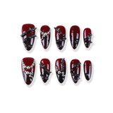 Dark Night Thorn Deep Burgundy 3D Silver Beads Long Almond Shape press on nail