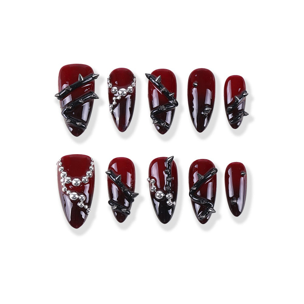 Dark Night Thorn Deep Burgundy 3D Silver Beads Long Almond Shape press on nail