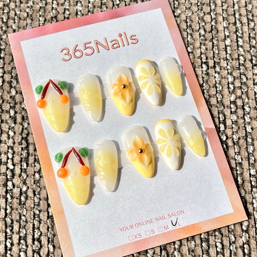 365nails: "Lemon Yellow Cherry Flower Mix" – 3D Fruit & Flower Handmade Medium Stiletto Press-On Nails