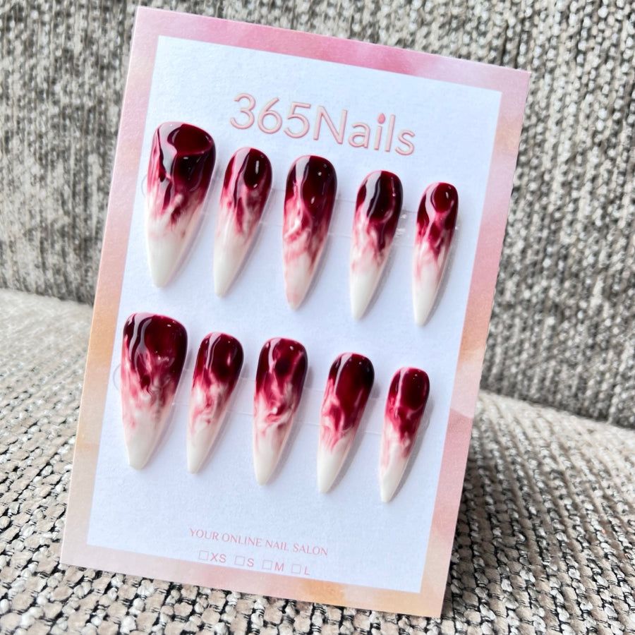 Cosmic Fatale: "Crimson Smoke Marble" – Long Sharp Stiletto Handmade Press On Nails