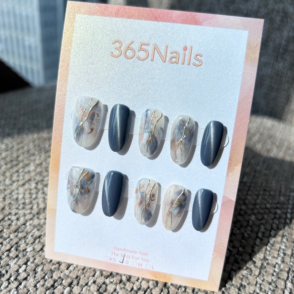 Ethereal Ink: "Slate Marble Flow" – Slate Blue Cat Eye & Milky Ink Marble with 3D Silver Lines Almond Nails