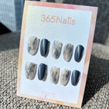 Ethereal Ink: "Slate Marble Flow" – Slate Blue Cat Eye & Milky Ink Marble with 3D Silver Lines Almond Nails