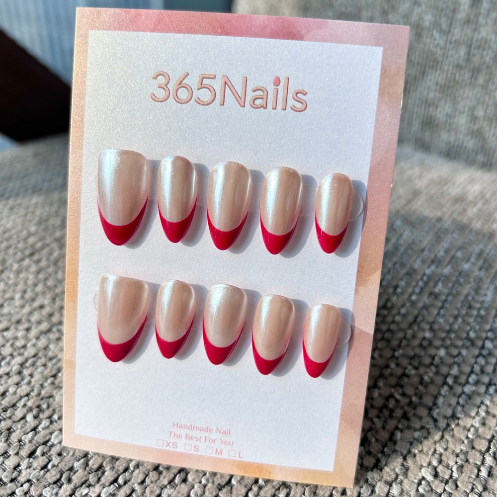 Handmade Pearl Champagne Base Retro Red French Tip Press-On Nails (Shimmer/Custom/Almond